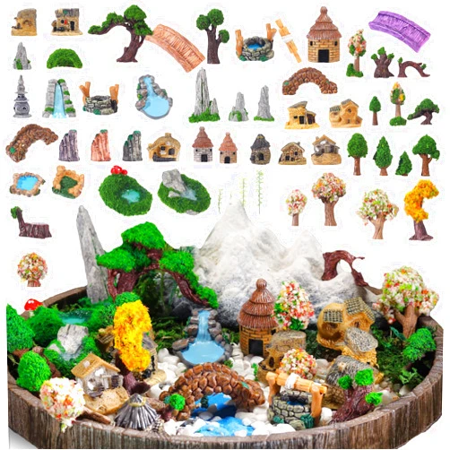 Canlierr 58 Pieces Miniature Garden Set, Fairy House Diorama Accessories Mini Figurines Micro Landscape Ornaments Mixed Model Trees for DIY Garden Decor Succulent Dollhouse Craft (Bridge)