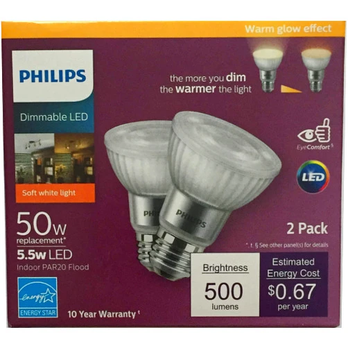 Philips LED Dimmable PAR20 40-Degree Indoor Flood Light Bulb with Warm Glow Effect 500-Lumen, 2200-2700-Kelvin, 5.5 Watts (50-Watt Equivalent), E26 Base, Soft White, 2-Pack
