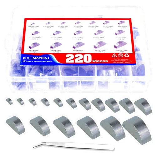 FullMayPro 220PCS Metric Woodruff Key Assortment Kit in 17 Most Popular Sizes, Woodruff semicircle Key,Half Moon Key,Shaft Crank Key,Keyway for Fasteners Mechanical Industry Crankshaft