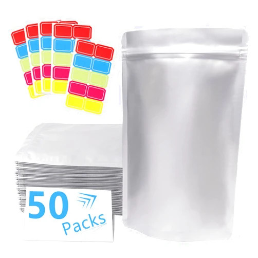 ANZNKU 50 Pack 7.8 Mil 4''x6'' Mylar Bags for Long-term Food Storage with 50 Labers, Resealable Smell Proof Heat Sealable Bags for edible packaging, Strong Sealing Stand-up Foil Pouch Bag for Tea Dry Food