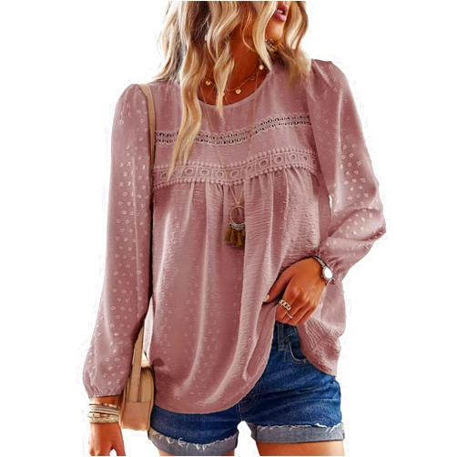Falechay Boho Tops for Women Long Sleeve Shirts Crewneck Flowy Womens Blouses Dressy Casual Lace Hem Clothing Trendy 2026