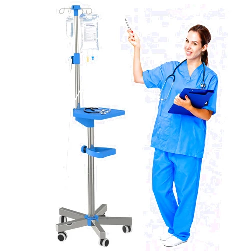 Wasoyun IV Pole with Wheels Medical Portable IV Stand with 4 Hooks and Tray, 52.3“ to 70.8” Height Adjustable, IV Pole Stand for Hospital, Home and Outdoor Use