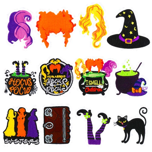 Whaline 12Pcs Hocus Pocus Iron-On Sew-On Patches Halloween Witch Heat Transfer Iron Patches Colorful Embroidered Cloth Patches Iron on Patterns for Clothing Fabric DIY Craft Decor