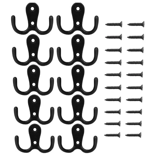 KINMAX 10PCS Heavy Duty Double Prong Coat Hooks Wall Mounted Hook with 20 Screws,Metal Cloth Hanger for Coat,Bathroom, Kitchen
