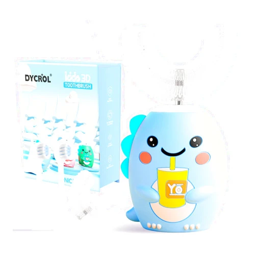 DYCROL Kids U Shaped Electric Toothbrush with 4 Brush Heads, Sonic Toothbrush Kids with 5 Modes, Cartoon Dinosaur 360-Degree Cleaning IPX7 Waterproof Design (2-6 Age (Blue))