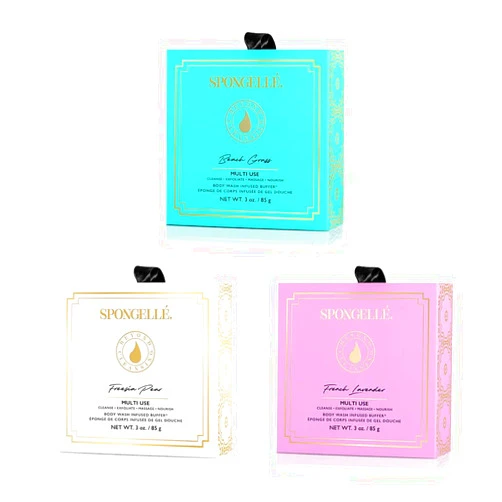 SPONGELLÉ Spongelle Wild Flower Buffer Body Scrubber Bundle with Box | Bath & Shower Loofah for Women | Exfoliator with Body Wash Infused | 14+ uses (Beach Grass, French Lavender, Freesia Pear)