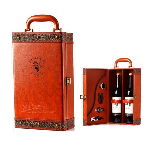 HiCrast Wine Box, 2 Bottle Leatherette Top Handle with 4 Wine Accessory Travel Wine Gift Box, Handmade Premium Wine Carrier Case