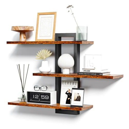 Homode Floating Shelves for Wall, Wood Wall Shelves for Bathroom, 3 Tier Shelves for Wall Decor, Decorative Hanging Storage Shelf for Bedroom Kitchen Living Room, Rustic Brown and Black