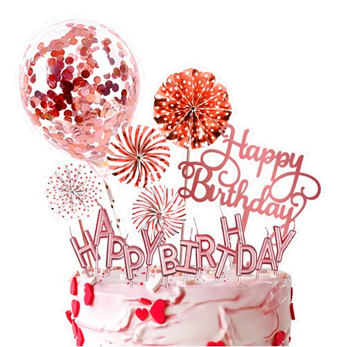 IEALODS Cake Topper Decoration with Happy Birthday Candles, Acrylic, Confetti Balloon and Paper Fans for Rose Gold Theme Birthday Party Décor