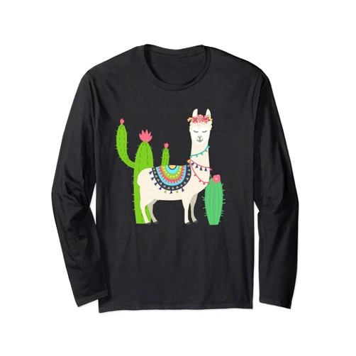 Captivaca Llama Shirts Cute Llama With Flower & Cactus / Llama Lover Gift Long Sleeve T-Shirt