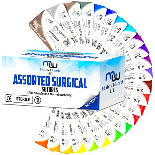 Matrix Wizard Mixed Sutures Thread with Needle (Absorbable: Chromic Catgut; Non-Absorbable: Nylon, Silk, Polyester, Polypropylene) - Surgical Wound Practice Kit, Emergency First Aid Demo (2-0, 3-0, 4-0, 5-0) 24PK