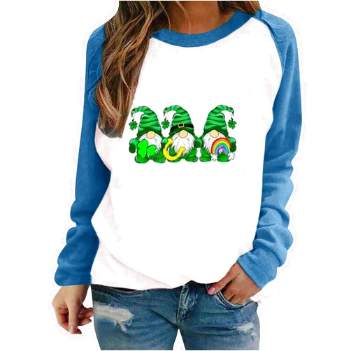Generic St Patricks Day Sweatshirt Women 2025 Irish Shirt Green Cute Gnome Graphic Print Long Sleeve Shamrock Shirts Top