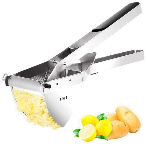 LHS Stainless Steel Potato Ricer and Masher, Heavy Duty Commercial Food Masher, Ergonomic Comfort Grip, Extra Large Capacity, Dishwasher Safe (Black)