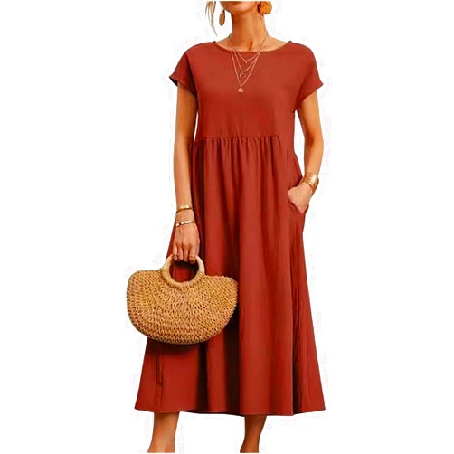 LAPRBY Women's Summer Cotton Linen Short Sleeve Dress Crew Neck Loose Casual Tunic Beach Dresses with Pockets