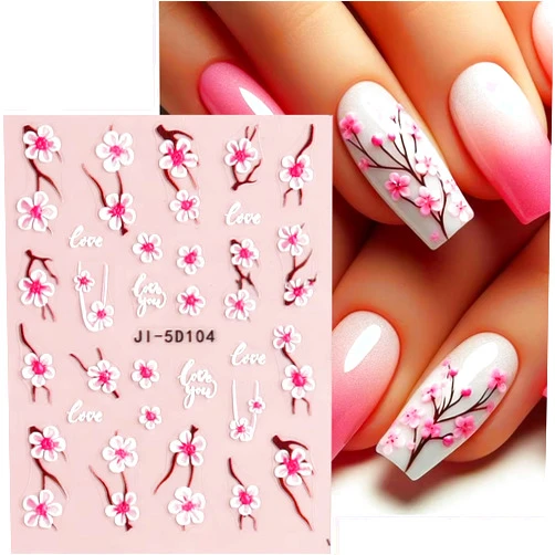 Roffiy Summer Flower Nail Stickers - 5D Cherry Blossom & Plum Blossom Nail Art Decals with Strong Adhesive - Elegant Floral Nail Designs for Women & Girls Manicure Tip