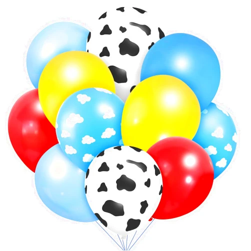 Miucat 64Pcs Toy Inspired Story Balloons, Cartoon Balloons Birthday Party Decorations, Cow Print Sky Blue Cloud Yellow Red Balloons for Kids Boys Girls, Toy Inspired Story Theme Birthday Party Supplies