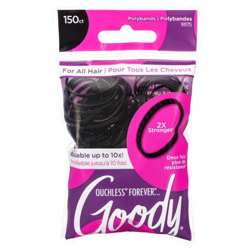 Goody Ouchless Womens Polyband Elastic Hair Tie - 150 Count, Black - Fine Hair - Hair Accessories to Style With Ease and Keep Your Hair Secured - Perfect for Fun and Unique Hairstyles - Pain-Free