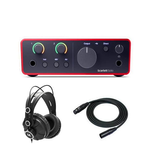 Focusrite Scarlett Solo 4th Gen USB Audio Interface Bundle with Closed-Back Studio Headphones and FocusProAudio 25-Feet XLR Male to Female Microphone Cable (3 Items)