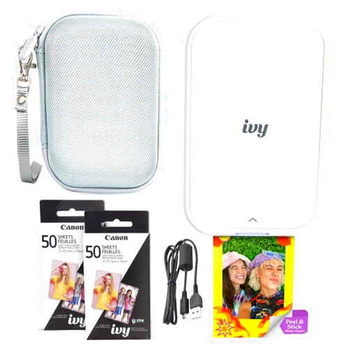 Canon Ivy 2 Mini Photo Printer (Pure White) - Bluetooth, Print from iOS & Android Devices, Bundle Incl. 110 Zink Sticky-Back Prints, LED Light Bar, Protective Case, and USB Cable