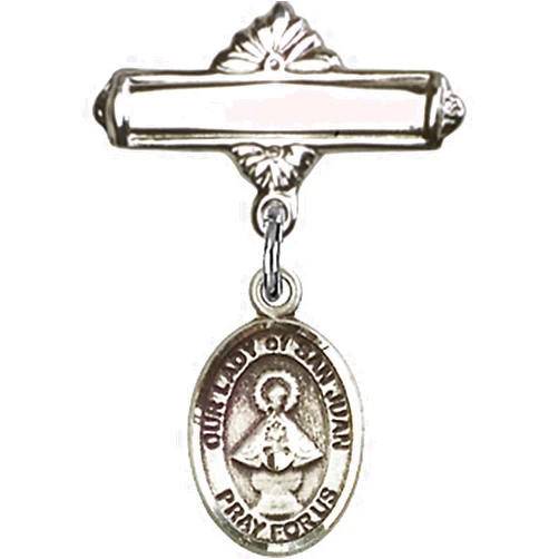Bonyak Jewelry Saint Medal Collection Sterling Silver Baby Badge with Our Lady of San Juan Charm and Polished Badge Pin 1 X 5/8 inches