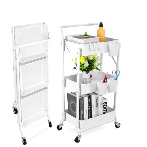 Johgee Foldable 3 Tier Metal Utility Rolling Cart, Folding Mobile Multi-Function Storage Trolley Organizer Cart for Home Library Office(White)
