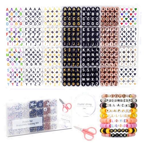 FZIIVQU 1400pcs Letter Beads Kit, 6 Colors 4x7mm Alphabet Beads, Number Beads Heart Beads for Bracelets Making Friendship Bracelet Kit