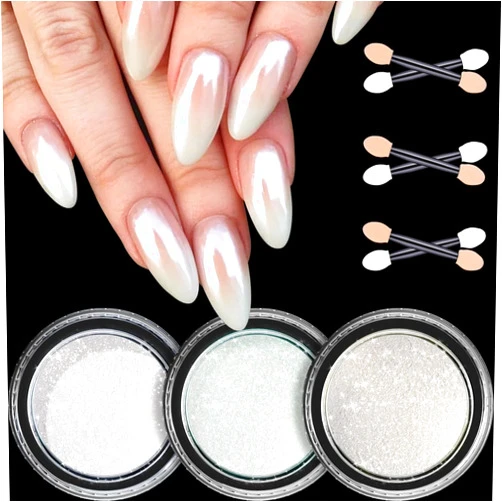 DRMODE White Pearl Chrome Nail Powder, 3 Colors Clear Aurora Glass Ice Transparent Chrome Powder for Nails, Glazed Donut Pearlescent Magic White Chrome Powder Mirror Effect Pigment Glitter Dust for Nail Art