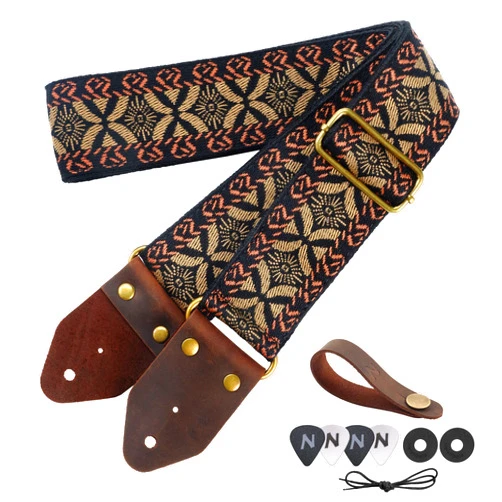 Nefelibata Guitar Strap,Jacquard Embroidery Cotton Guitar Straps with Crazy Horse Leather Leather Ends for Bass, Electric & Acoustic, Best Gifts for Kids, Guitarists(Golden embroidery)