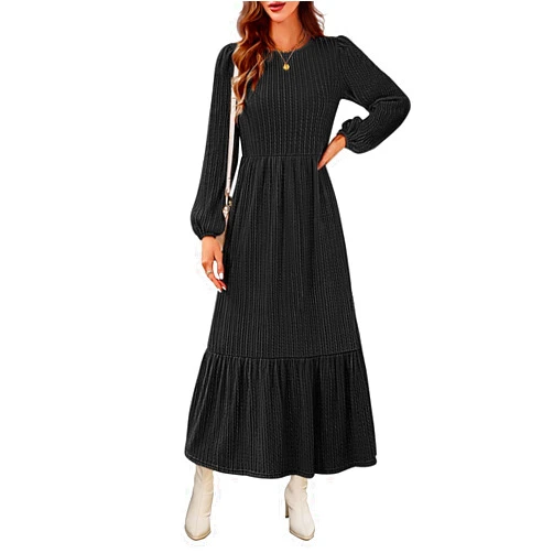 MEROKEETY Women's Fall Long Sleeve Maxi Dresses 2024 Casual Knit Crew Neck Tiered Flowy Pockets Dress