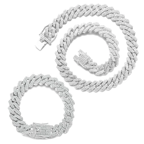 JUNVirtuous 2 Pieces Cuban Link Chain Mens Iced Out Miami Cuban Necklace and Bracelet Silver Bling Diamond Hip Hop Jewelry for Men and Women…