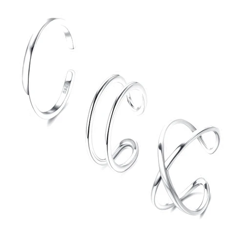PATISORNA 3Pcs 925 Sterling Silver Open Adjustable Rings for Women Men Stackable Cross Arrow Heart Moon&Star Paperclip Rings Hypoallergenic Thumb Knuckle Simple Ring Set Size 6-9