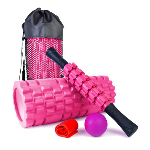 JOYENERGY 5 in 1 Foam Roller Set Trigger Point Foam Roller Patented, Massage Roller Stick, Massage Ball, Stretching Strap for Deep Muscle Massage Pilates Yoga, Fitness Exercise for Whole Body(Pink)