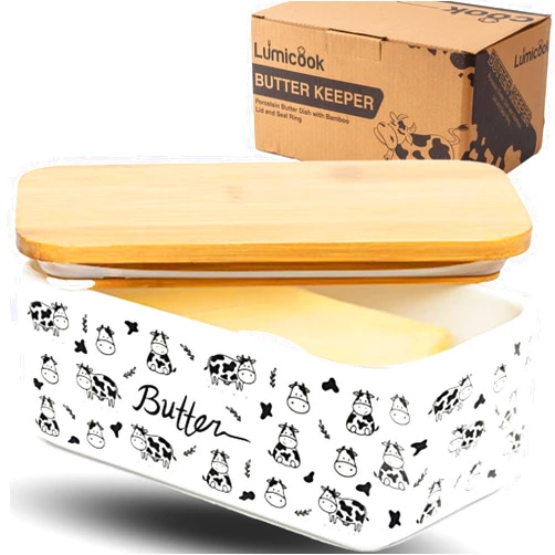 Lumicook porcelain butter dish with lid, Natural bamboo lid, seal included for airtight butter dish, butter holder easily fits 2 sticks of butter (black)