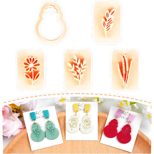 Puocaon Floral Polymer Clay Cutters - 4 Flower Clay Stamps for Embossed Polymer Clay Jewelry Making, 1 Light Bulb Shape Clay Jewelry Cutter, Original 3D Print Clay Cutters for Polymer Clay Jewelry