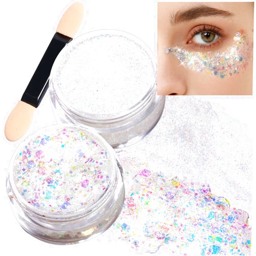 Teenitor Face Glitter, 2pcs Body Glitter Gel, Hair Glitter Gel, 20g/0.7oz Versatile Glitter Set for Face, Body, Hair, 2 Sizes White Glitter Gel for Makeup