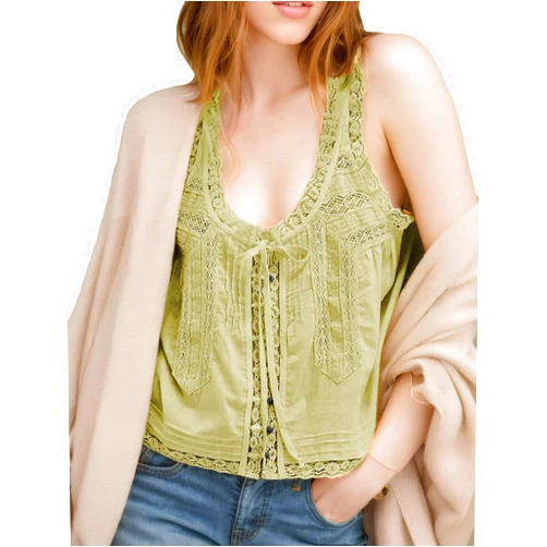 WINSASI Women Boho Lace Tank Top Boho Summer Vacation Top Sleeveless Button Down Front Tie Lace Y2k Tops Cute Shirt