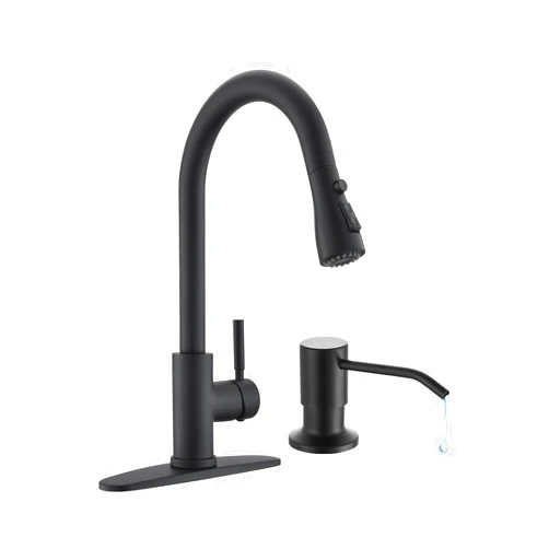 Arofa Kitchen Faucet with Soap Dispenser, Stainless Steel Kitchen Sink Faucet with Pull Down Sprayer 3 Mode Single Handle Gooseneck Pull Out Kitchen Faucet for 2/4 Hole, Matte Black