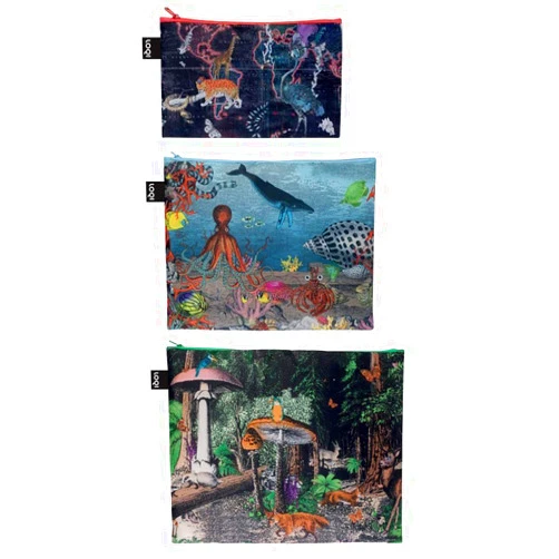 LOQI Artist Kristjana S Williams Interiors Zip Pockets, Set of 3, World Map