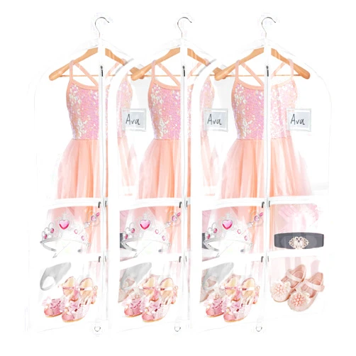 Univivi Clear PVC Dance Costume Bags (3 Pack) Garment Bag 40 Inch for Dance Competitions, with 4 Medium Clear Zipper Pockets and 1 Large Back Zippered Pocket [Upgraded Version]