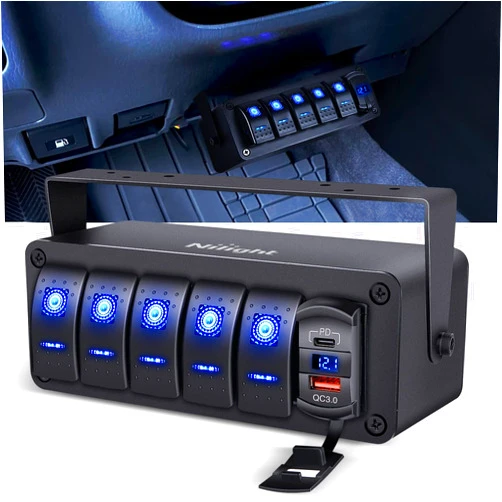 Nilight 5 Gang Rocker Switch Box 12V SPST ON Off Switches PD Type C and QC 3.0 USB Charger Voltmeter Waterproof Aluminum Panel DIY Stickers for Boats Cars RVs Trucks