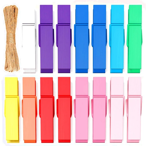 SF SOONEAT Mini Clothes Pins for Photo, Small Colored Clothespins 100 Pack Wooden Rainbow Colorful Picture Clips with 32 FT String for Crafts, Little Baby Shower, Display Artwork, Hanging Decorative Tiny Cards