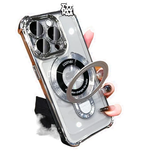 AXUEQIN Case for iPhone 15 ProMax 15 Pro 15 Plus 15/14/13 Four Corners Airbag Drop-Proof Magnetic Stent Phone Case Transparent Full Cover Lens Premium Sense Couple Model (iPhone 14 Pro Max,Silver)