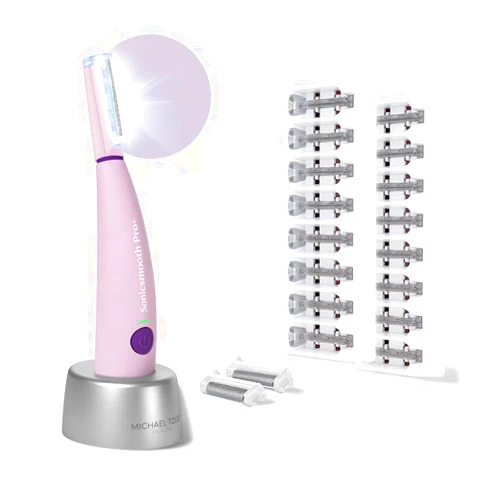 Michael Todd Beauty Sonicsmooth Pro+ Dermaplane Razor for Women Face + Eyebrow Trimmer Dermaplaning System w/LED Light Peach Fuzz Remover -16 Dermaplaning Blades & 2 Microsmooth Exfoliation Tips