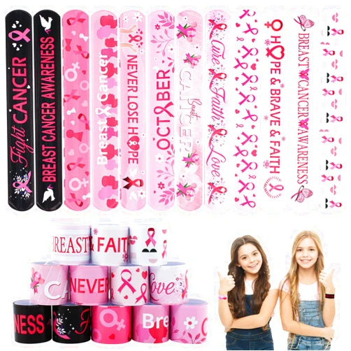 Genuvi Pink Ribbon Breast Cancer Awareness Accessories 36PCS Bulk Slap Bracelets for Women Party Favors Supplies Inspiring Hope Strength Breast Cancer Awareness Decorations Survivor Gifts for Women Girls