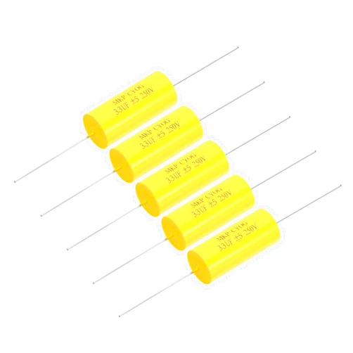 Patikil 3.3uF 250V Frequency Divider Capacitor, 5 Pcs Axial Audio Speaker Crossover Step-Less Film MKP Capacitor for Audio Equipment, Yellow