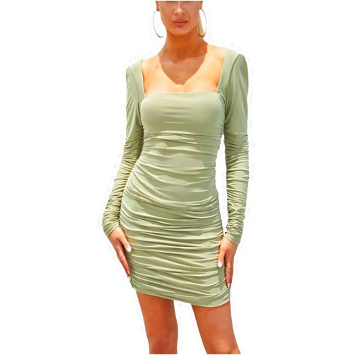CLAUBTY Women Solid Ruched Dress Full Sleeve Backless Dresses Low Neck Minidress Club Party Wear