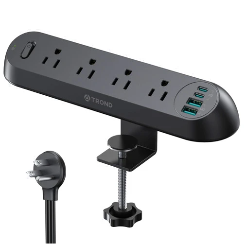 TROND Desk Clamp Power Strip USB C PD 20W- Surge Protector with 4 AC Outlets 4 USB Ports, Flat Plug 6ft Extension Cord, 1700J, ETL Listed, Fits 1.97 inch Tabletop Edge, for Home Office, Black