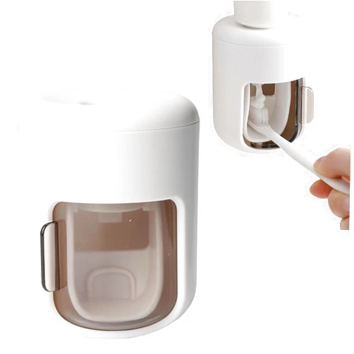 Vigorm Wall Mounted Automatic Toothpaste Squeezer, White Plastic, Dustproof Cover, No-Drill Installation, Bathroom Organizer