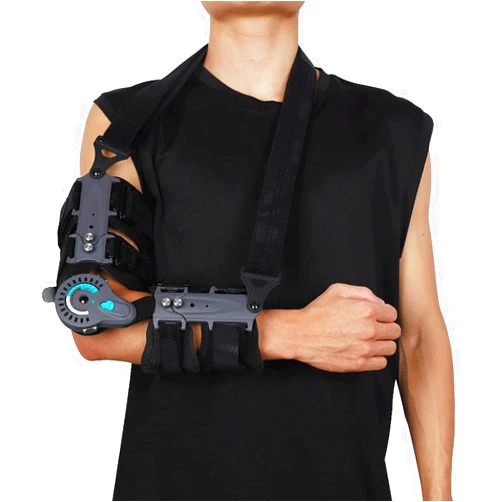Komzer Hinged Elbow Brace, Adjustable Post OP ROM Elbow Brace with Sling Stabilizer Splint Arm Injury Recovery Support After Surgery (Right)