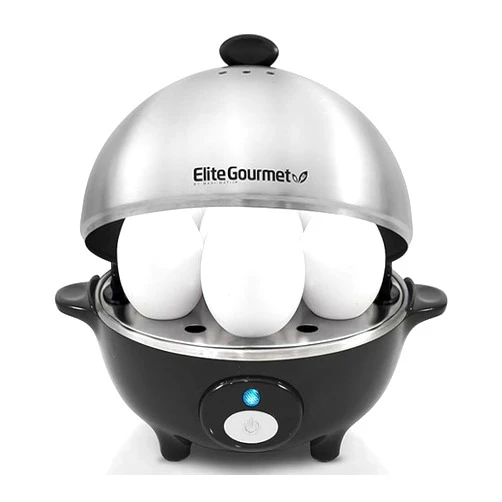 Elite Gourmet EGC-508 Rapid Egg Cooker, 7 Easy-To-Peel, Hard, Medium, Soft Boiled Eggs, Poacher, Omelet Maker, Auto Shut-Off, Alarm, 16-Recipe Booklet, Stainless Steel